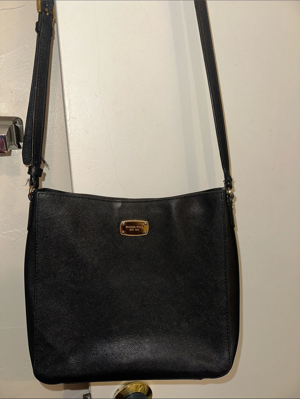 Michael Kors Black Leather Crossbody with Gold Plaque